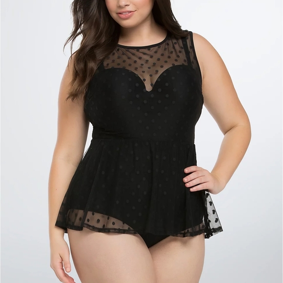 EUC Black Mesh Polka Dot Swim Dress